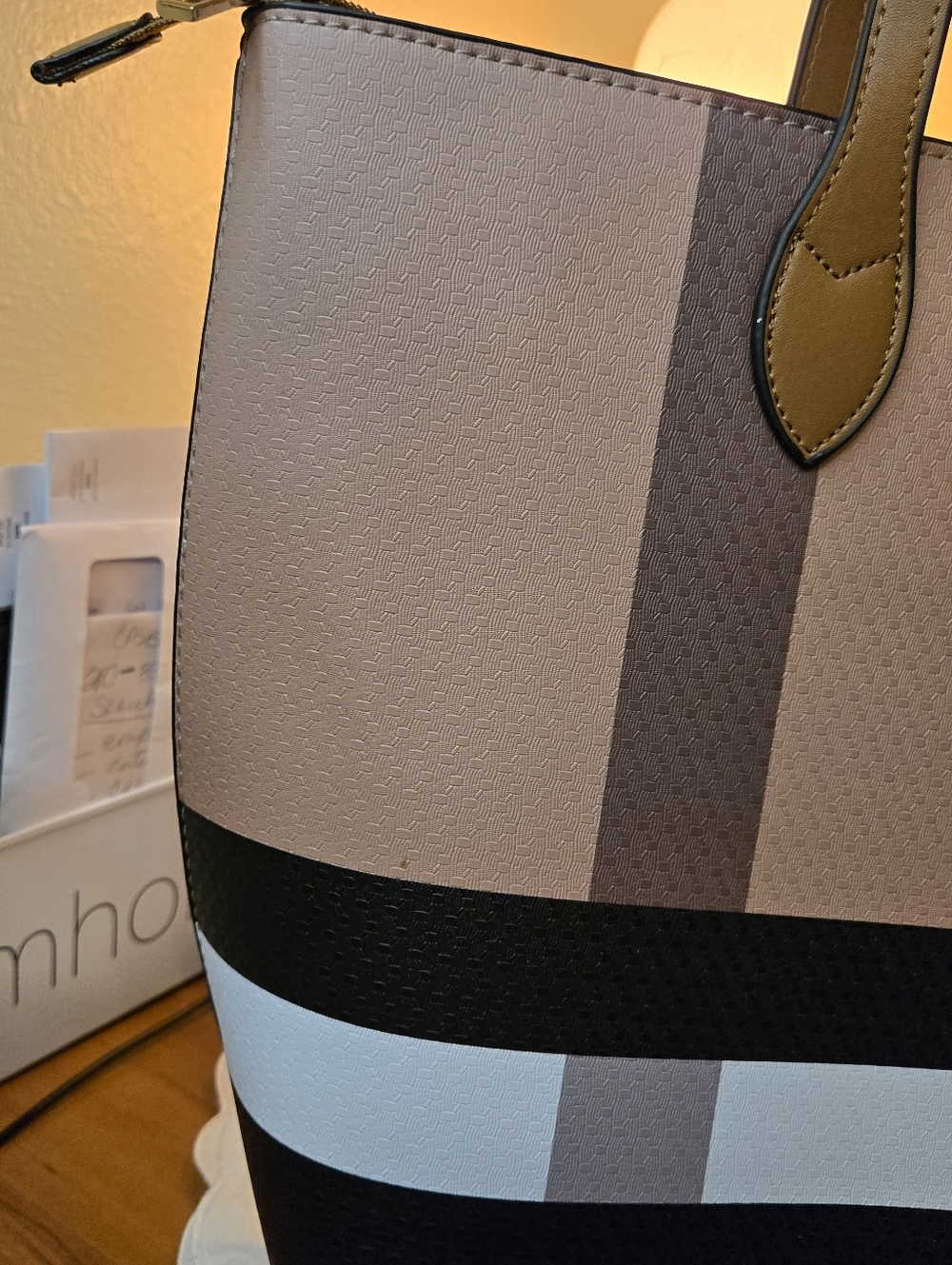 Deluxity Like New Taupe and Black Stripe Tote Bag with Gold Emblem - Picture 7 of 11